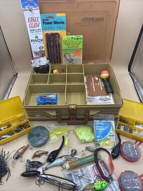 Vintage Plano Magnum Fishing Tackle Box Lot Hook Gear Lures, Sinkers Worms